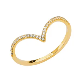 14K Solid Gold CZ V Shape Stackable Trendy Women's Ring