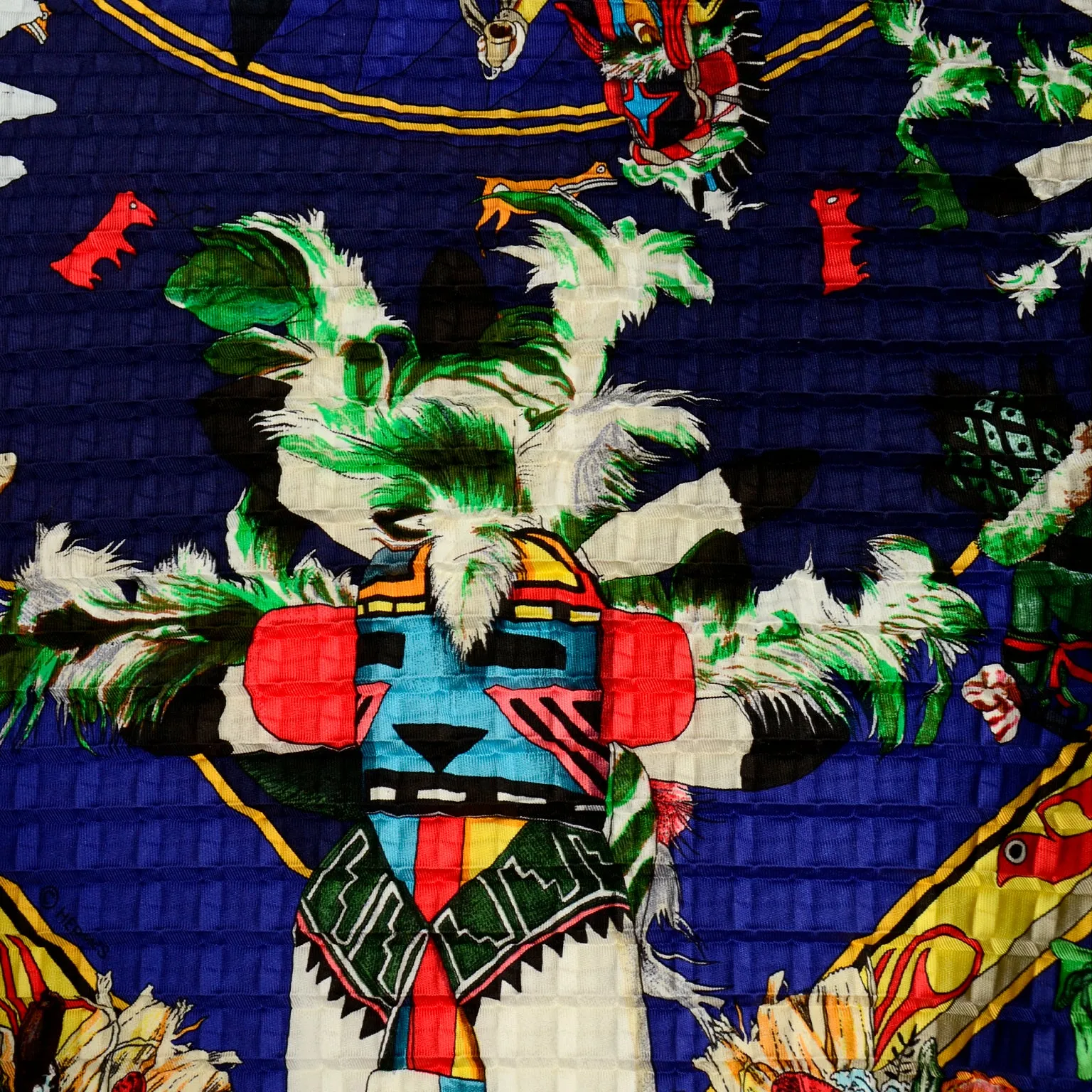 1992 Hermès Kermit Oliver Plisse Pleated Kachinas Silk Scarf