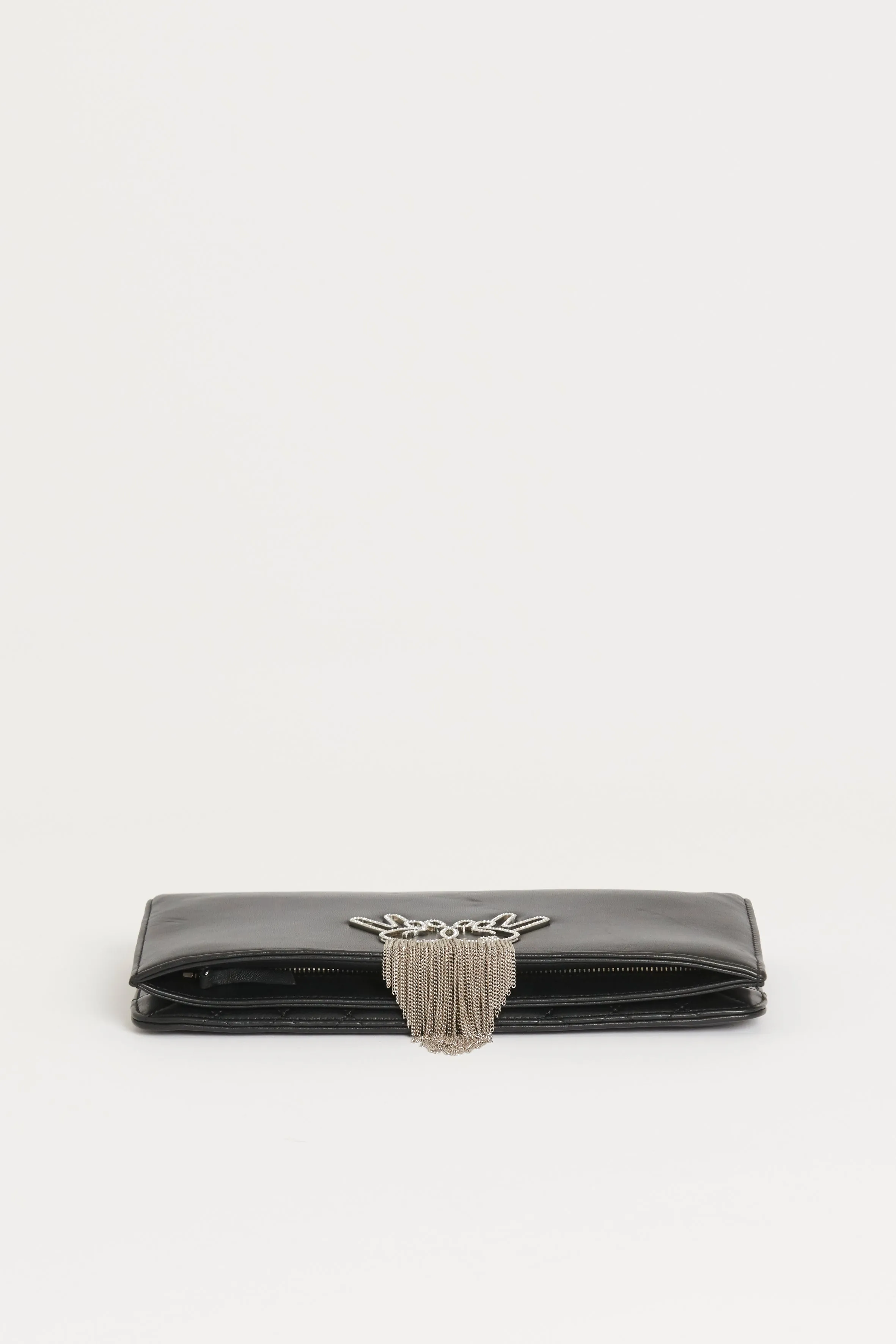 2016/17 Black Leather Preowned Clutch With Peace Emoji Fringed Detail