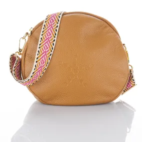 Alondra - Full Grain Leather Round Crossbody Bag - Camel