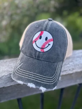 Baseball smiley happy face trucker hats Sports mom Gameday