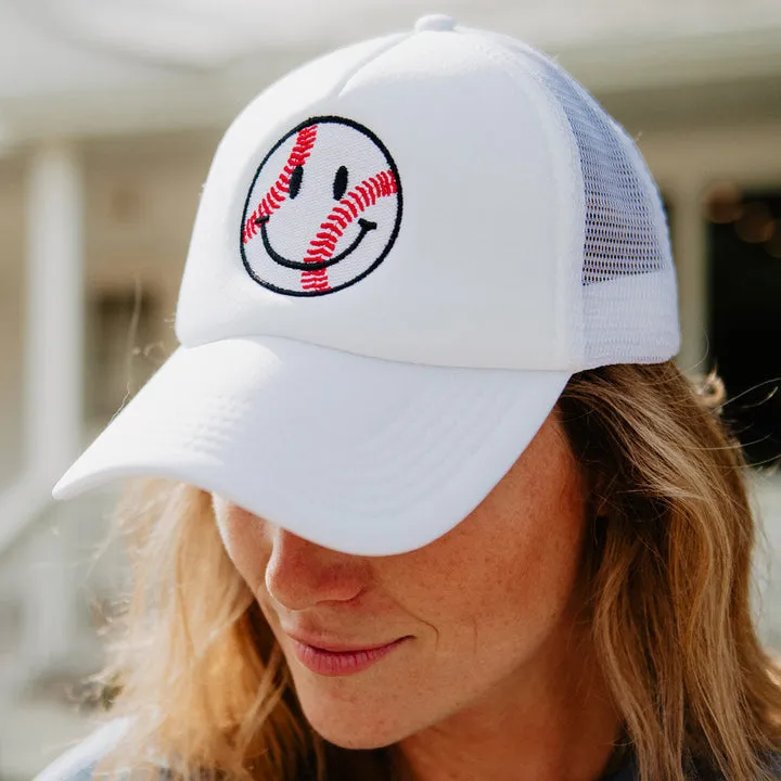 Baseball smiley happy face trucker hats Sports mom Gameday