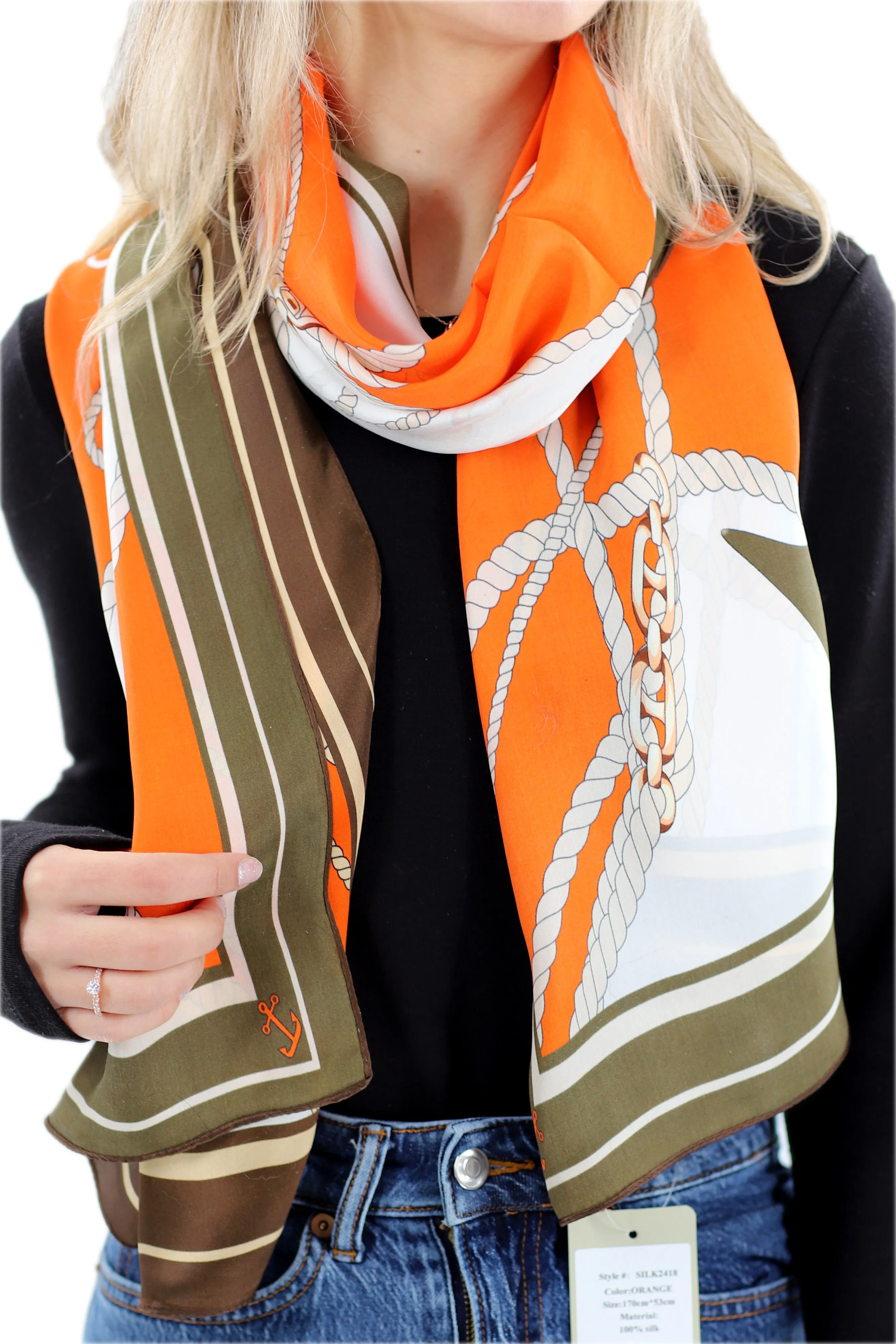 Classic 100% Silk Chain Print Scarf - Orange - (One Size 68x21.2in)