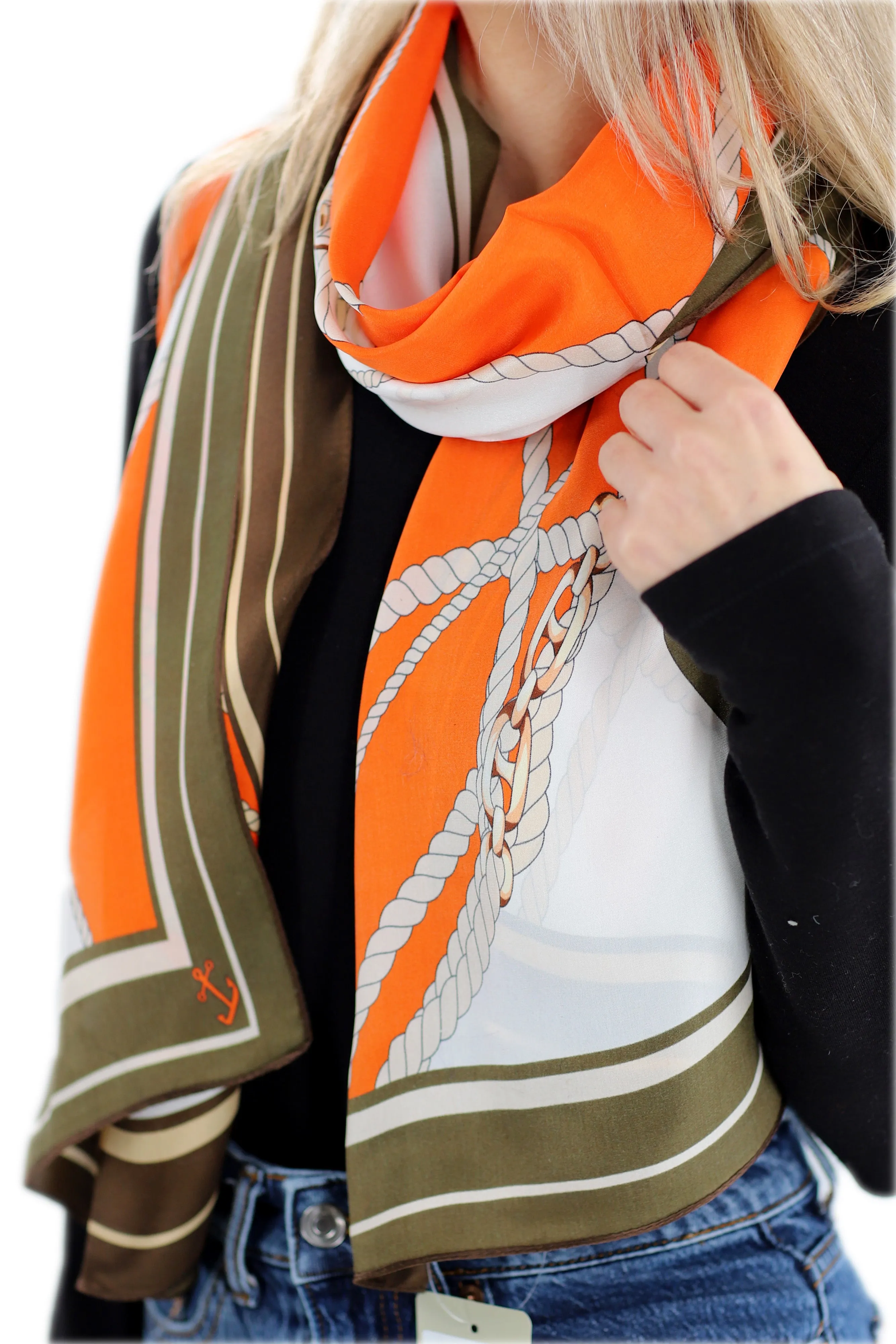 Classic 100% Silk Chain Print Scarf - Orange - (One Size 68x21.2in)