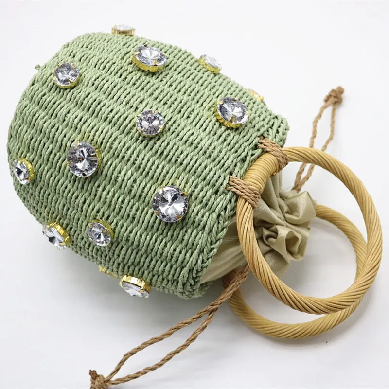 Crystal Embellished Straw Bucket Bag - 3 Colors