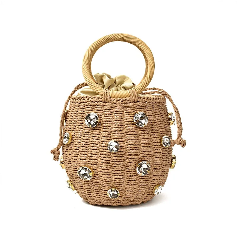 Crystal Embellished Straw Bucket Bag - 3 Colors