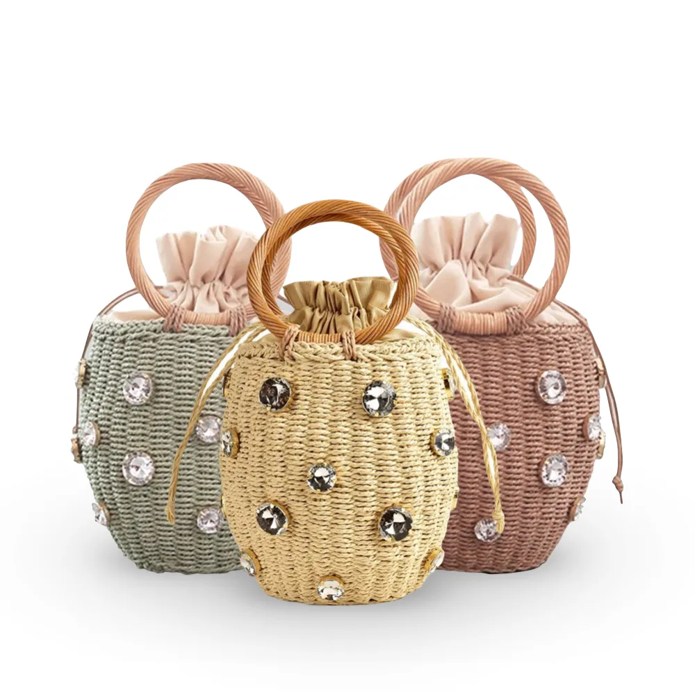 Crystal Embellished Straw Bucket Bag - 3 Colors