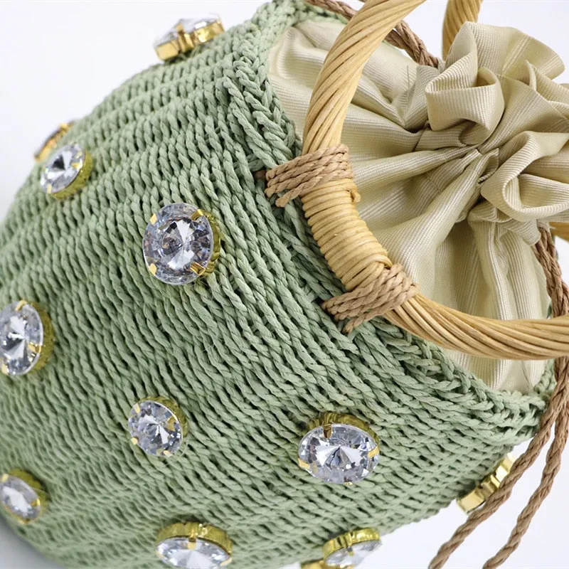 Crystal Embellished Straw Bucket Bag - 3 Colors