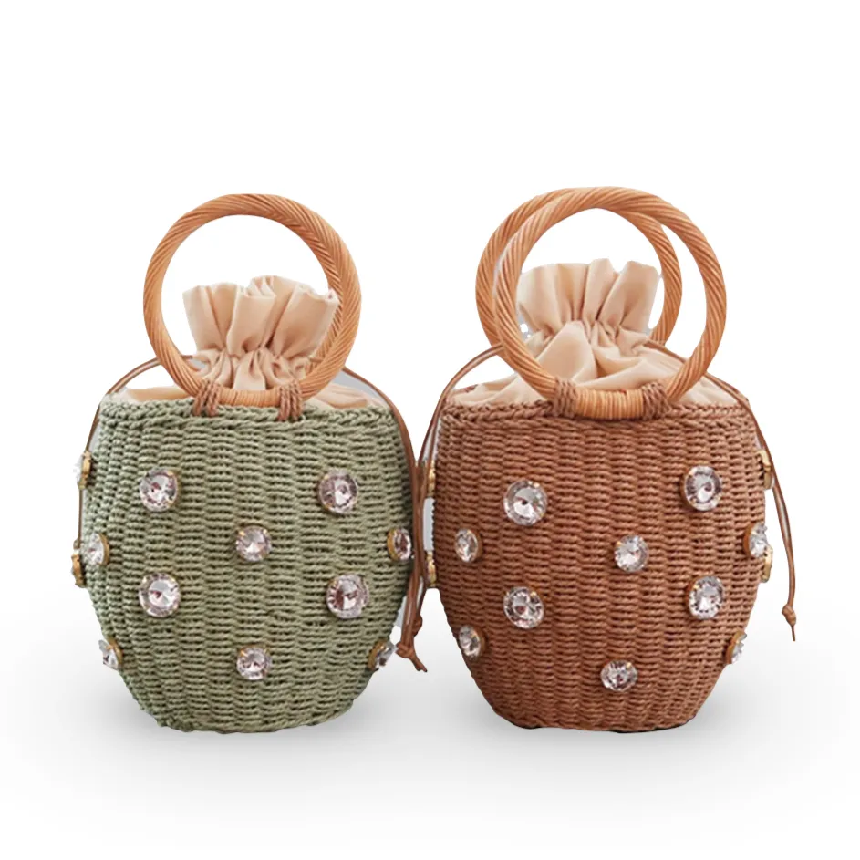 Crystal Embellished Straw Bucket Bag - 3 Colors