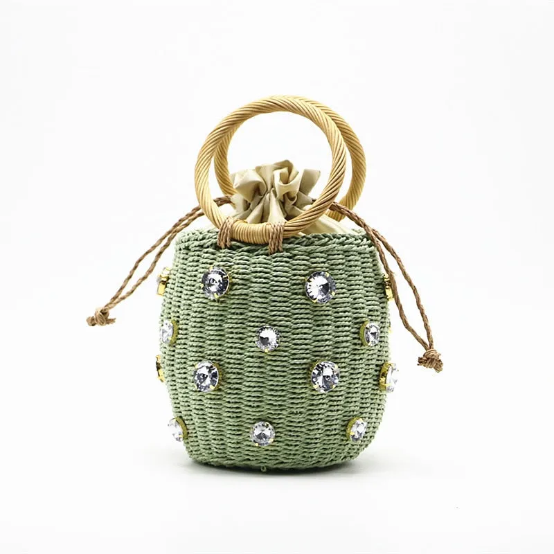 Crystal Embellished Straw Bucket Bag - 3 Colors