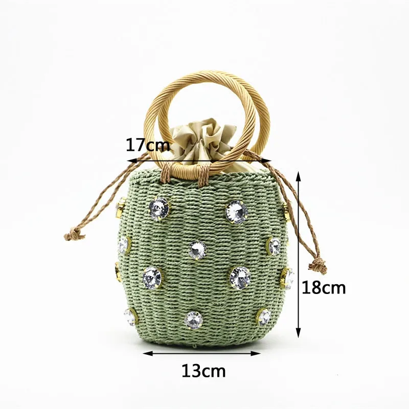 Crystal Embellished Straw Bucket Bag - 3 Colors