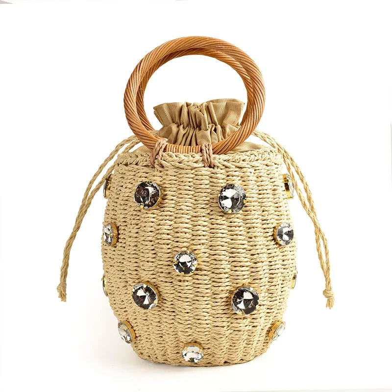 Crystal Embellished Straw Bucket Bag - 3 Colors