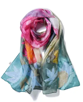 Deluxe Long Hand Painted Satin Silk Scarf Spring Bouquet