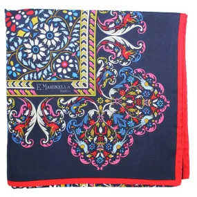 E. Marinella Scarf Navy Red Blue Bird Floral & Floral - Twill Silk Square Foulard