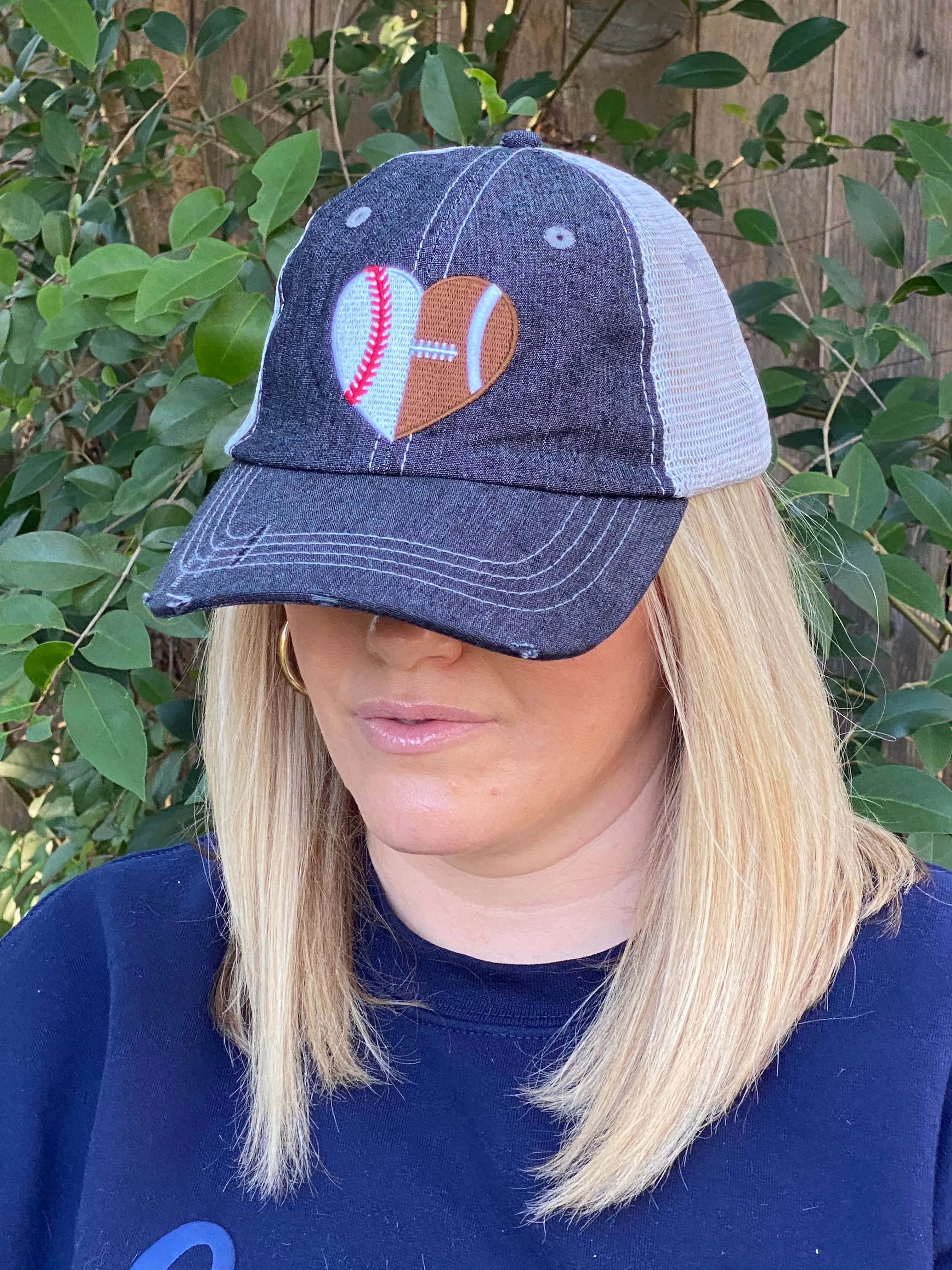 Football Baseball Heart Half Football Mom Half Baseball MOM Mesh Embroidered MESH Hat Baseball Football Mom Trucker Cap Trucker Hat -318