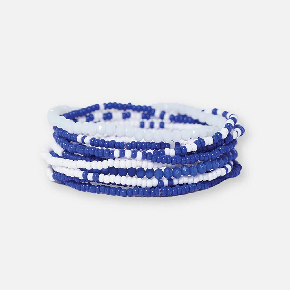 Game Day Color Block Beaded 10 Strand Stretch Bracelets Blue   White