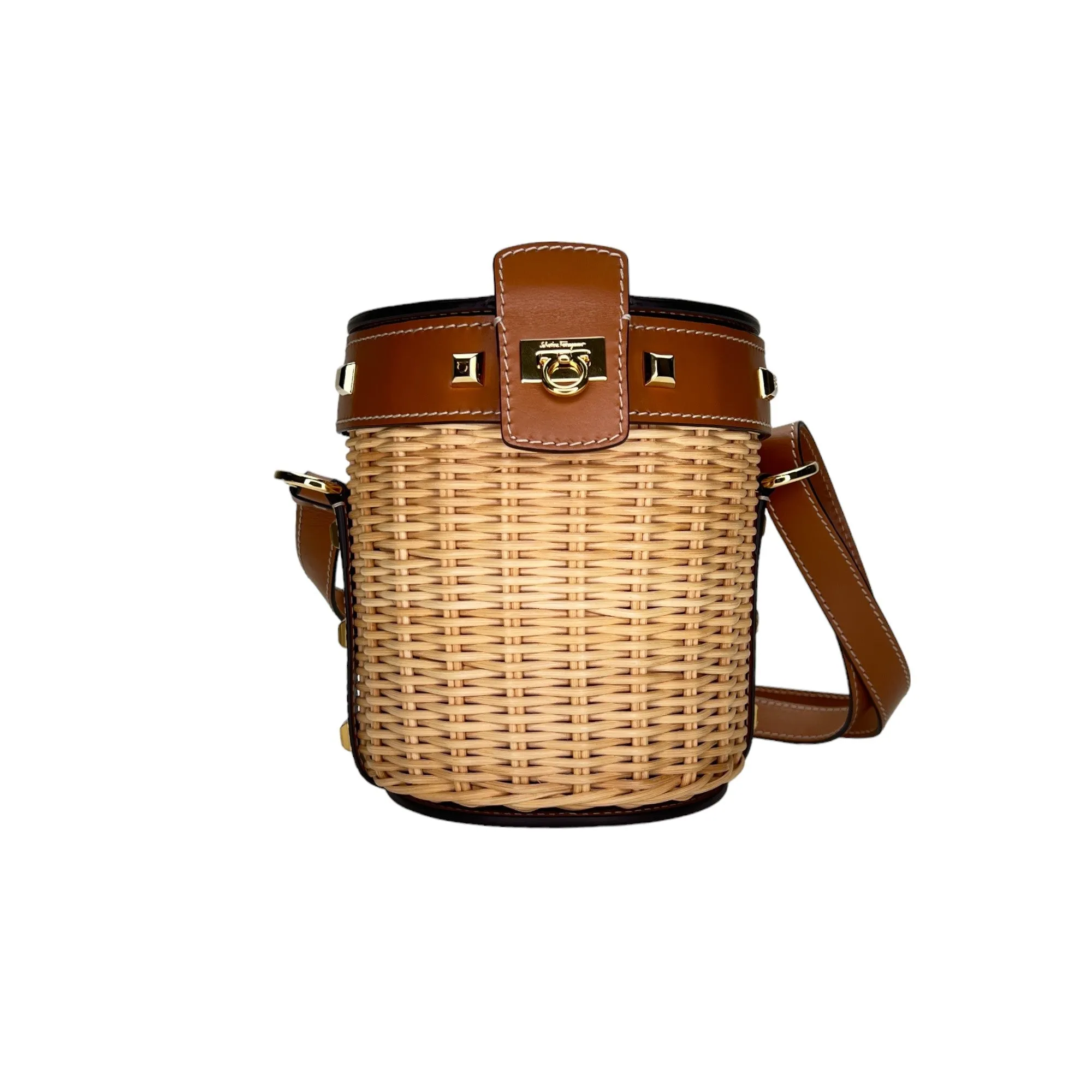 Gancini Brown Bucket Bag in Raffia, Gold hardware