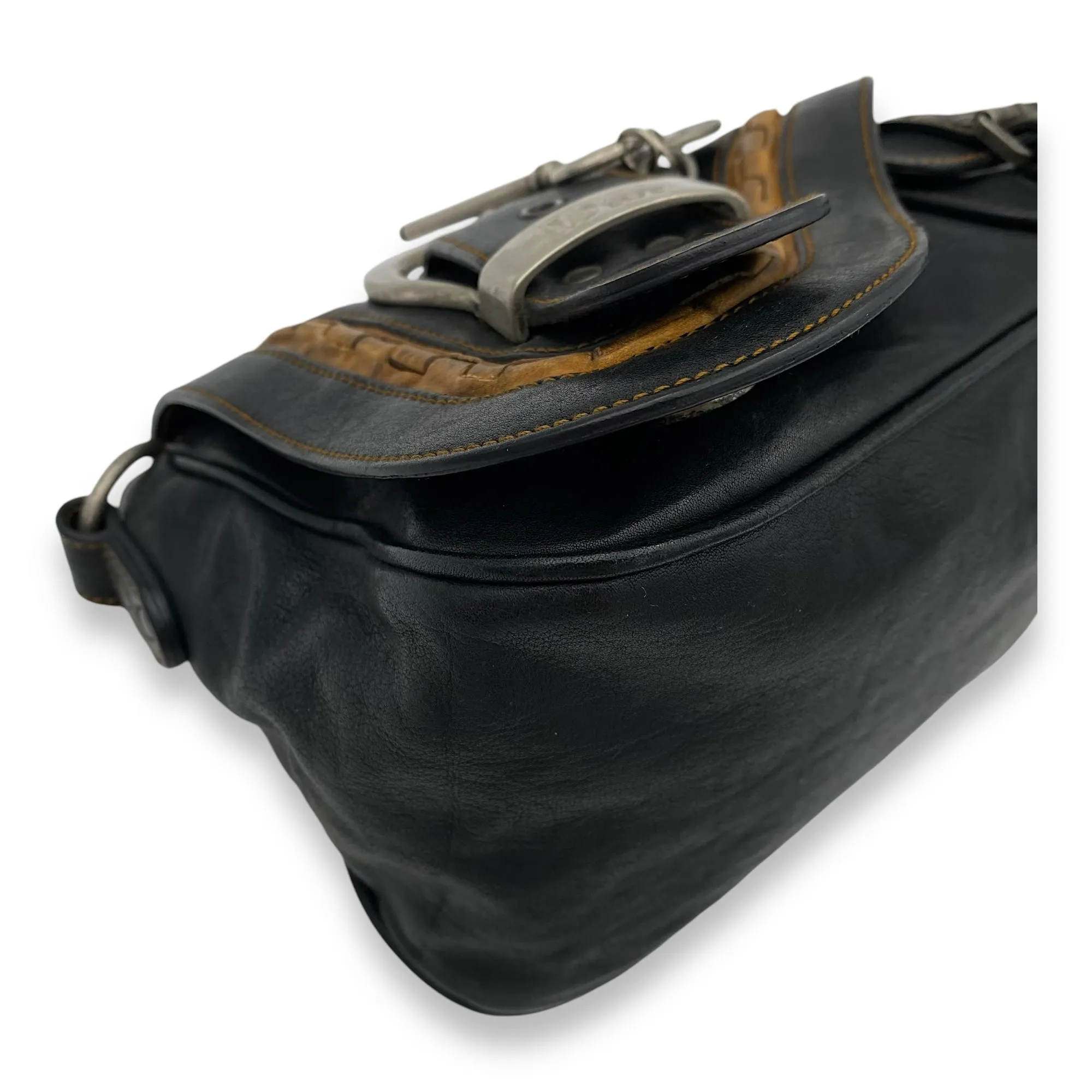 Gaucho Black Crossbody Bag in Calfskin, Ruthenium hardware