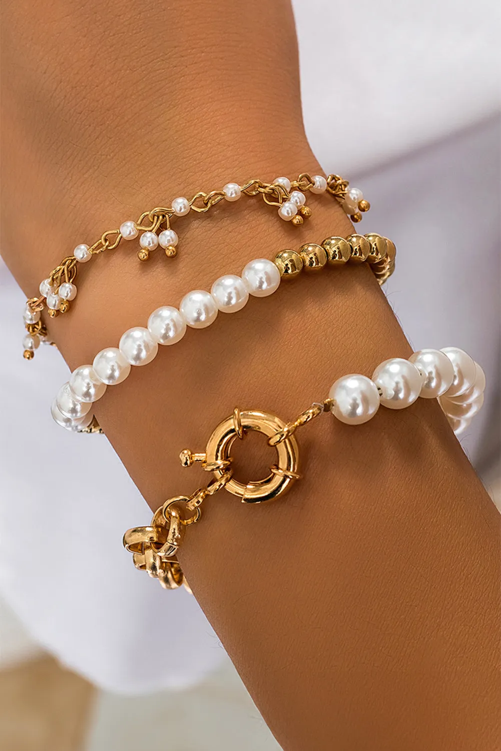 Gold 3pcs Pearl Pleated Alloy Beaded Bracelet Set