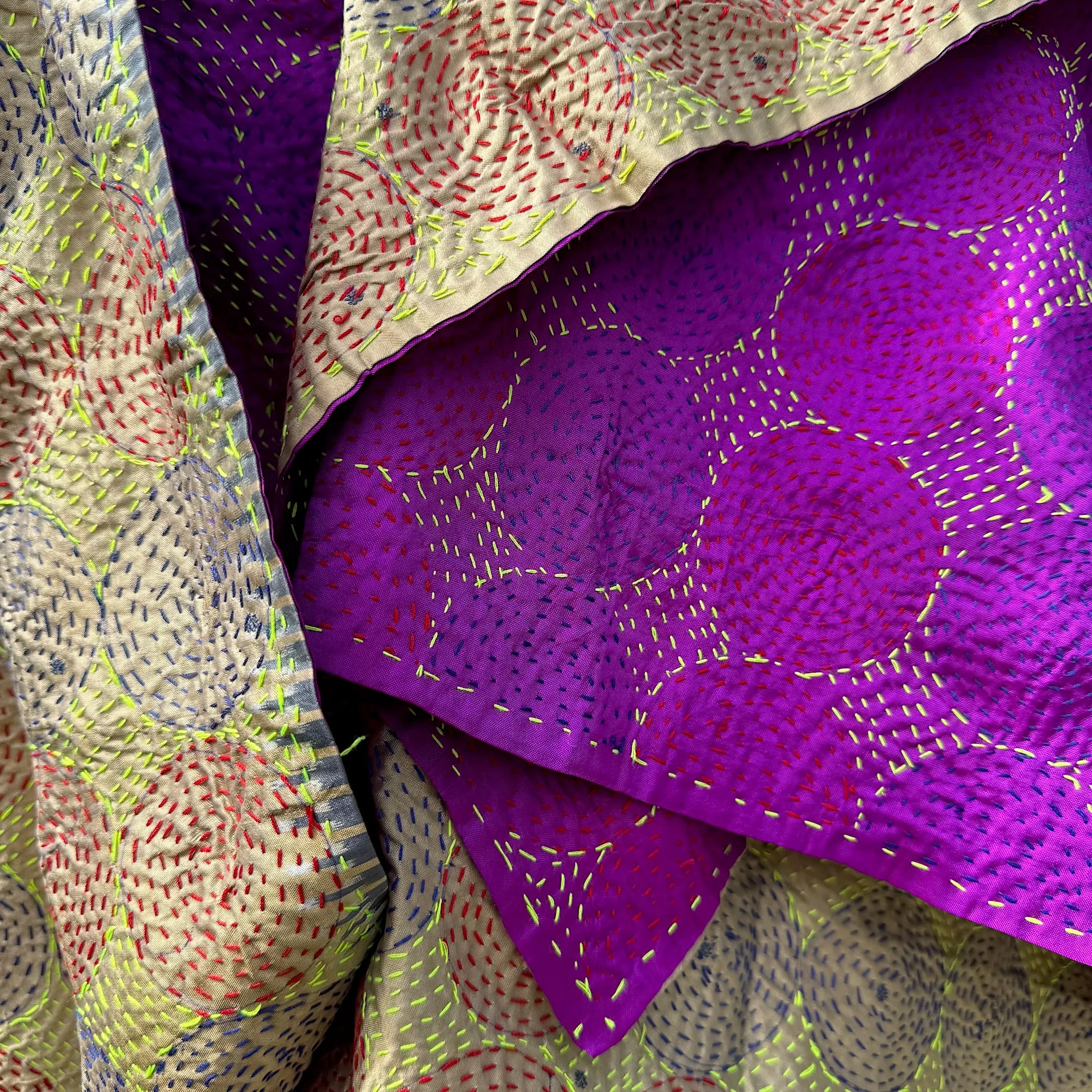 Gold and magenta silk kantha scarf