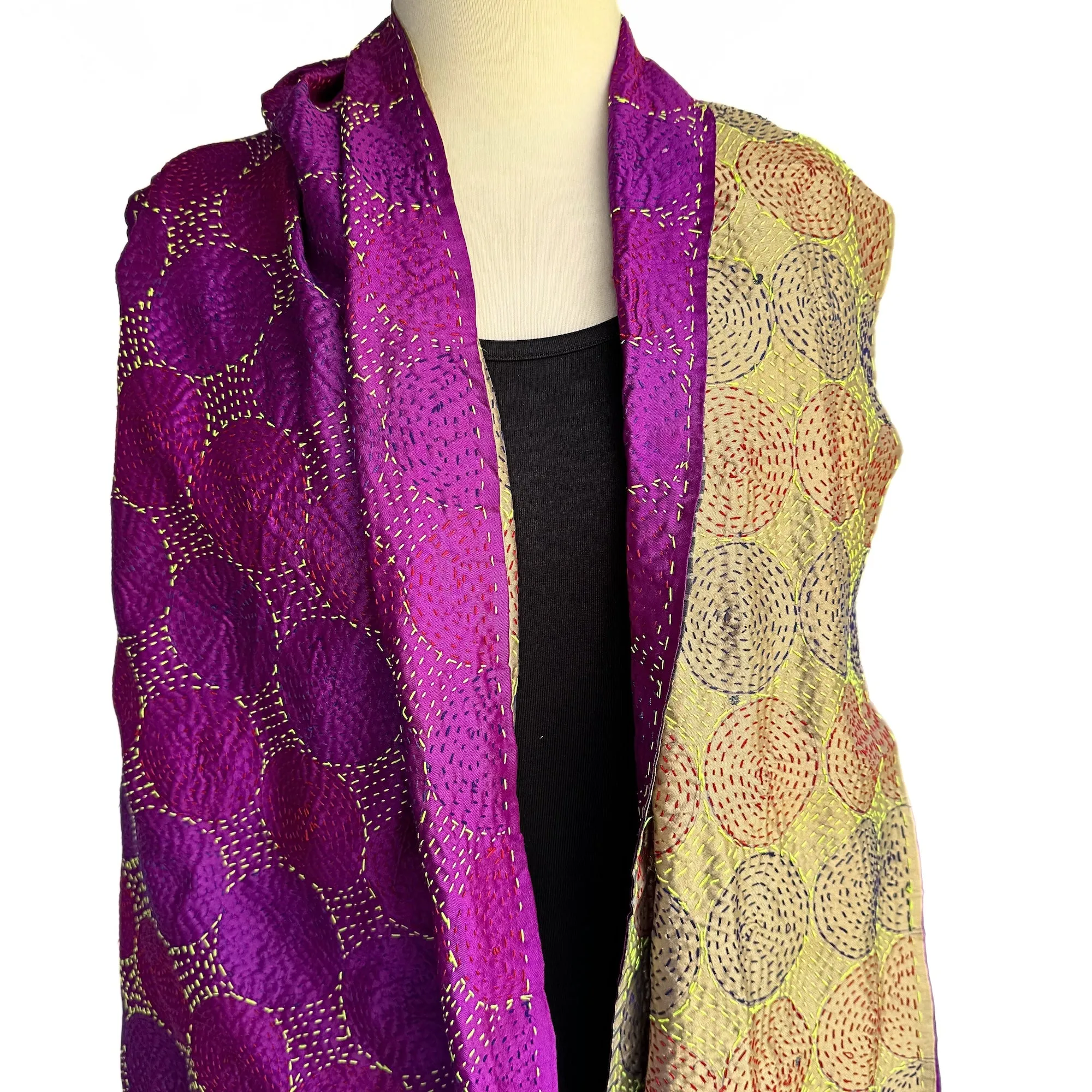 Gold and magenta silk kantha scarf