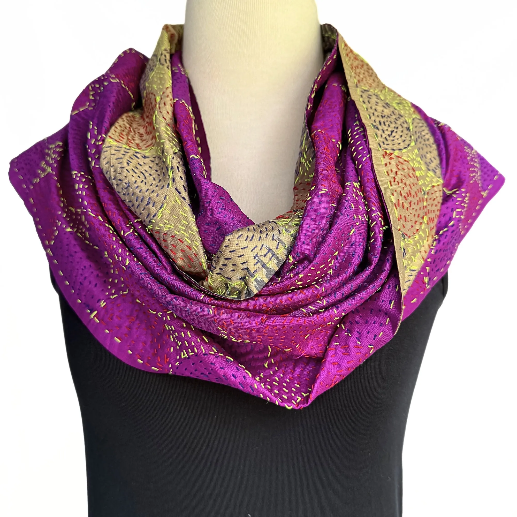 Gold and magenta silk kantha scarf