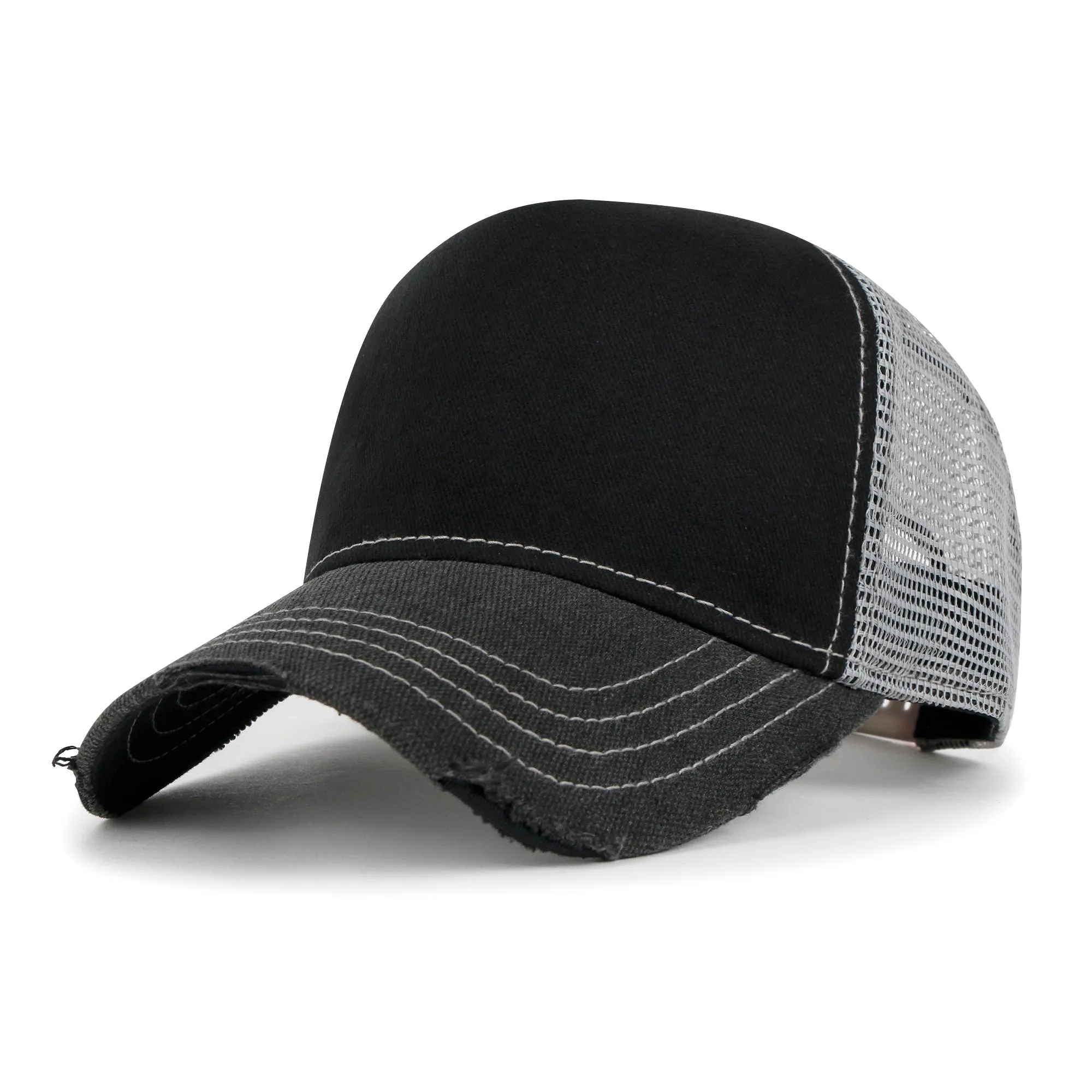 ililily PREMIUM Blank Cotton Mesh Back Structured Hat Distressed Baseball Cap