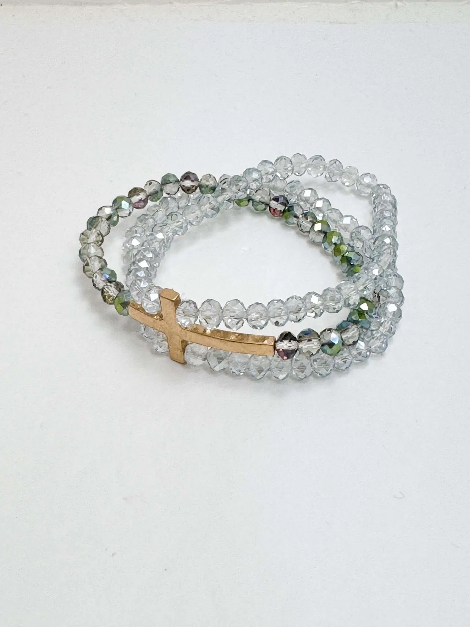 Iridescent Beaded Bracelet Set w/ Gold Cross Detail