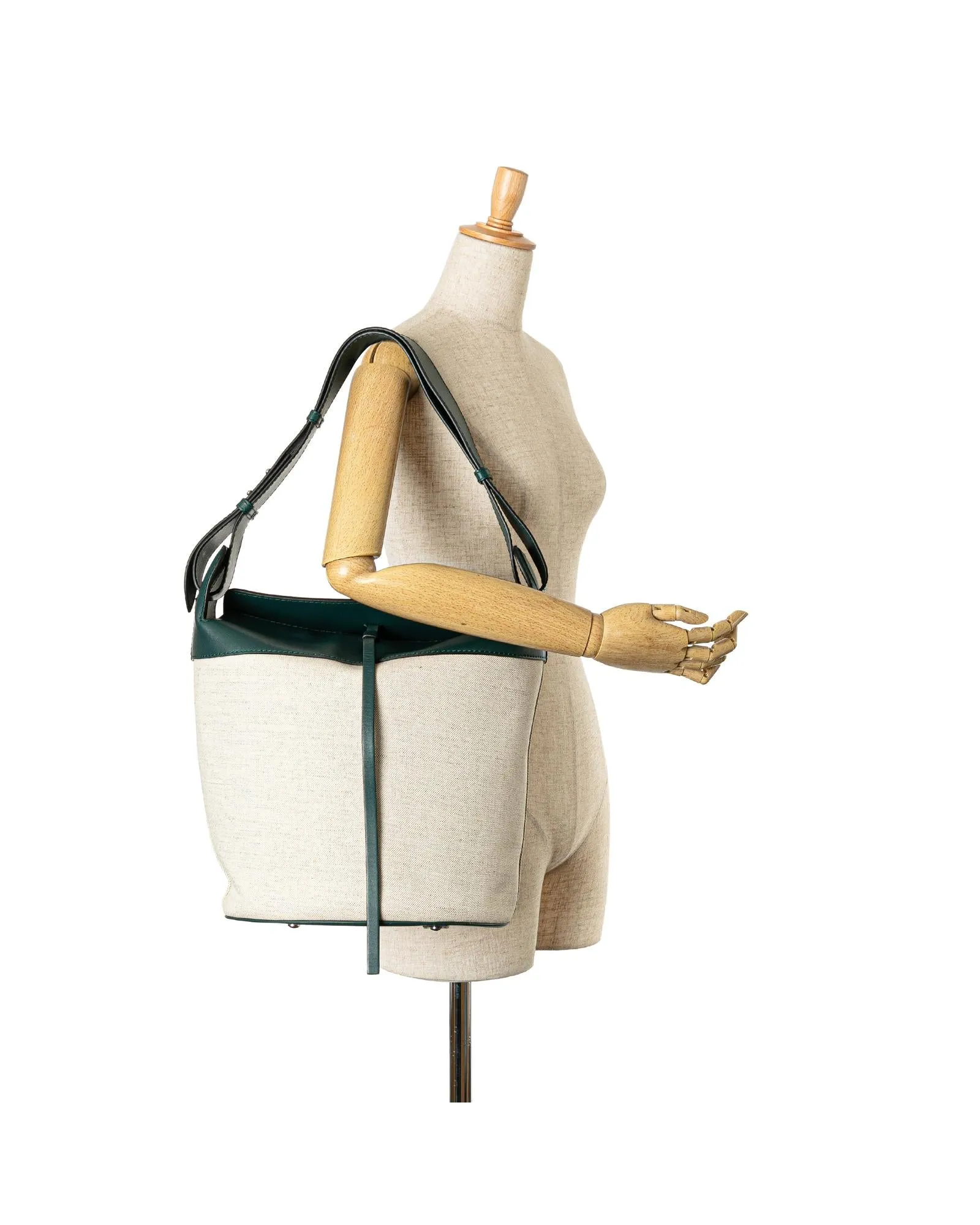 Leather Trimmed Canvas Bucket Bag with Flat Leather Strap