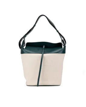 Leather Trimmed Canvas Bucket Bag with Flat Leather Strap