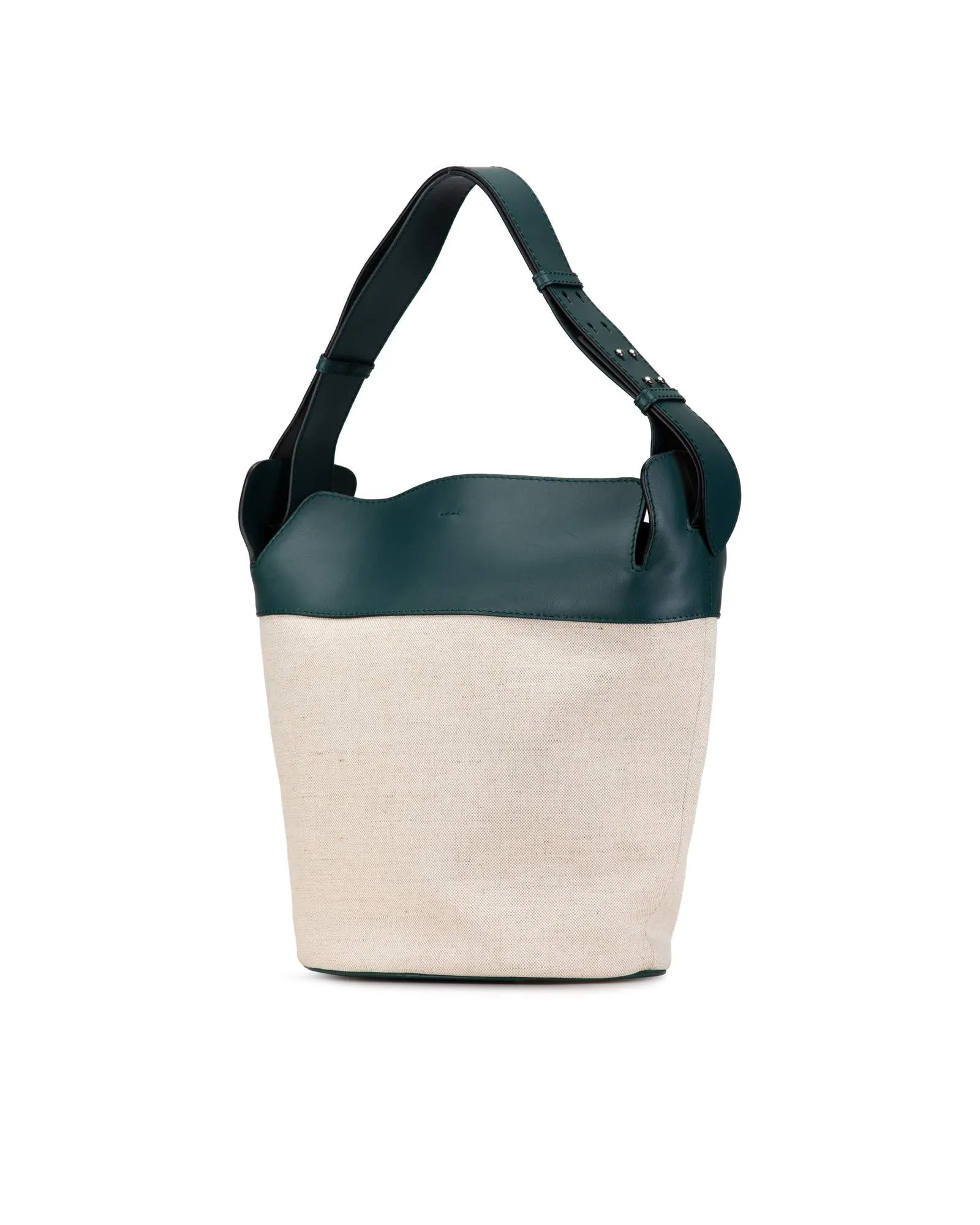 Leather Trimmed Canvas Bucket Bag with Flat Leather Strap