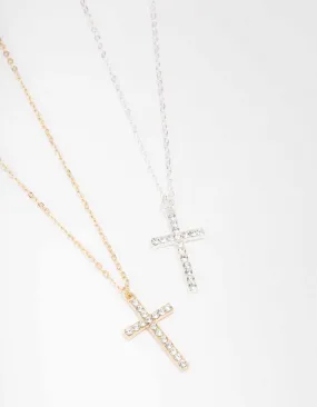 Mixed Metals Diamante Cross Necklaces 2-Pack