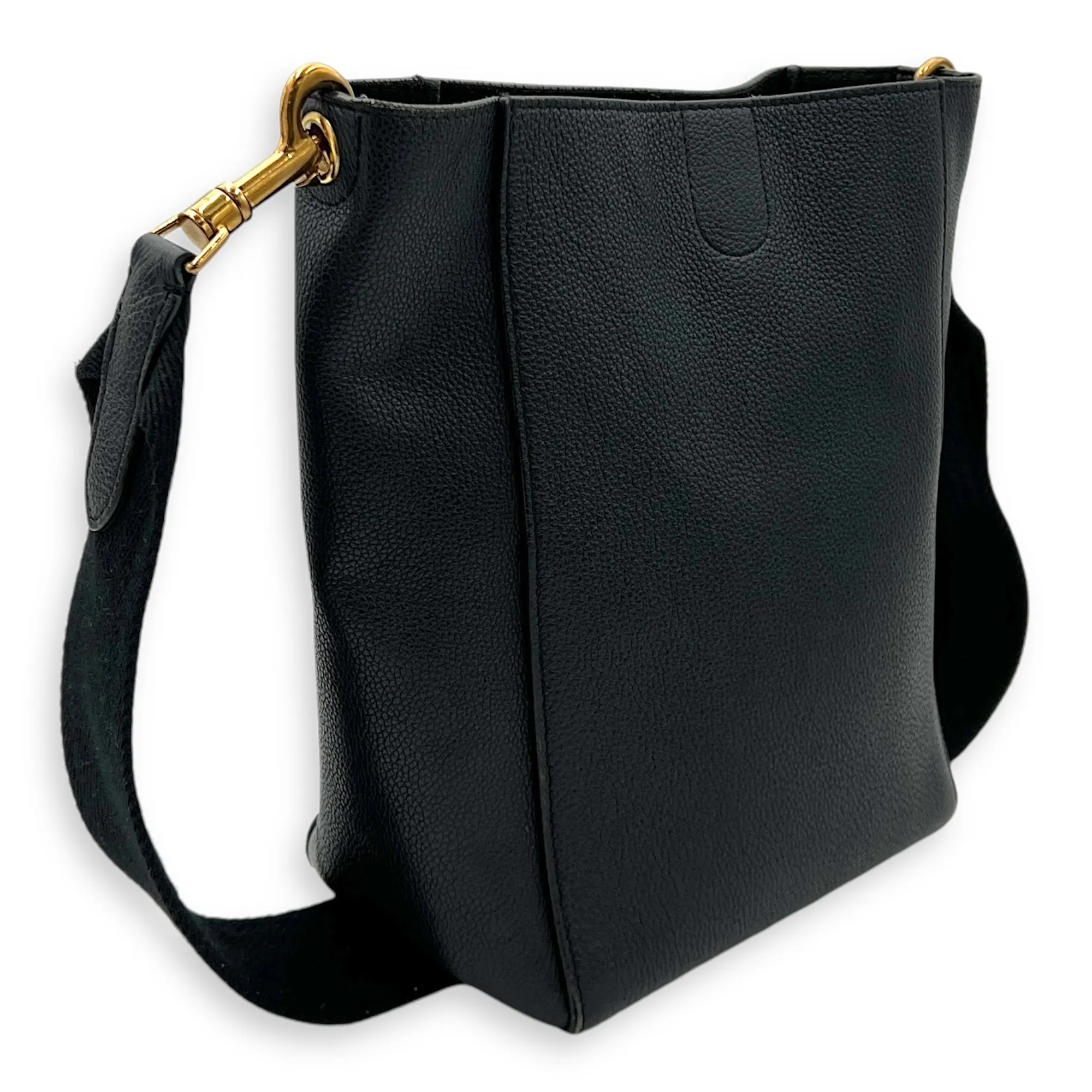 Sangle Small Black Bucket Bag in Calfskin, Gold hardware