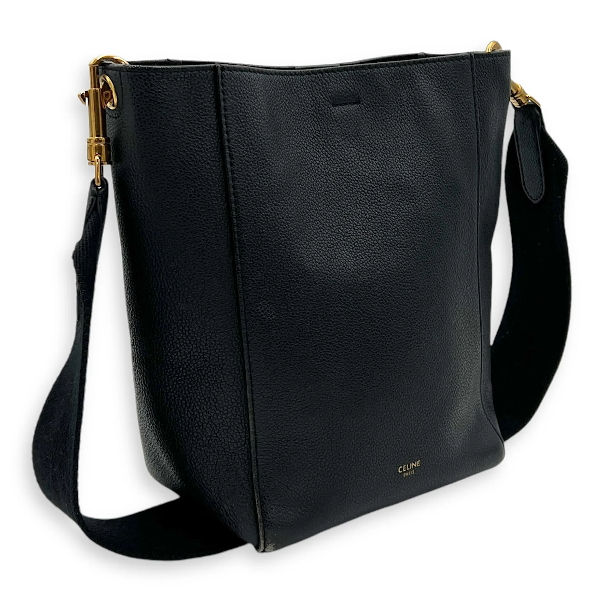 Sangle Small Black Bucket Bag in Calfskin, Gold hardware