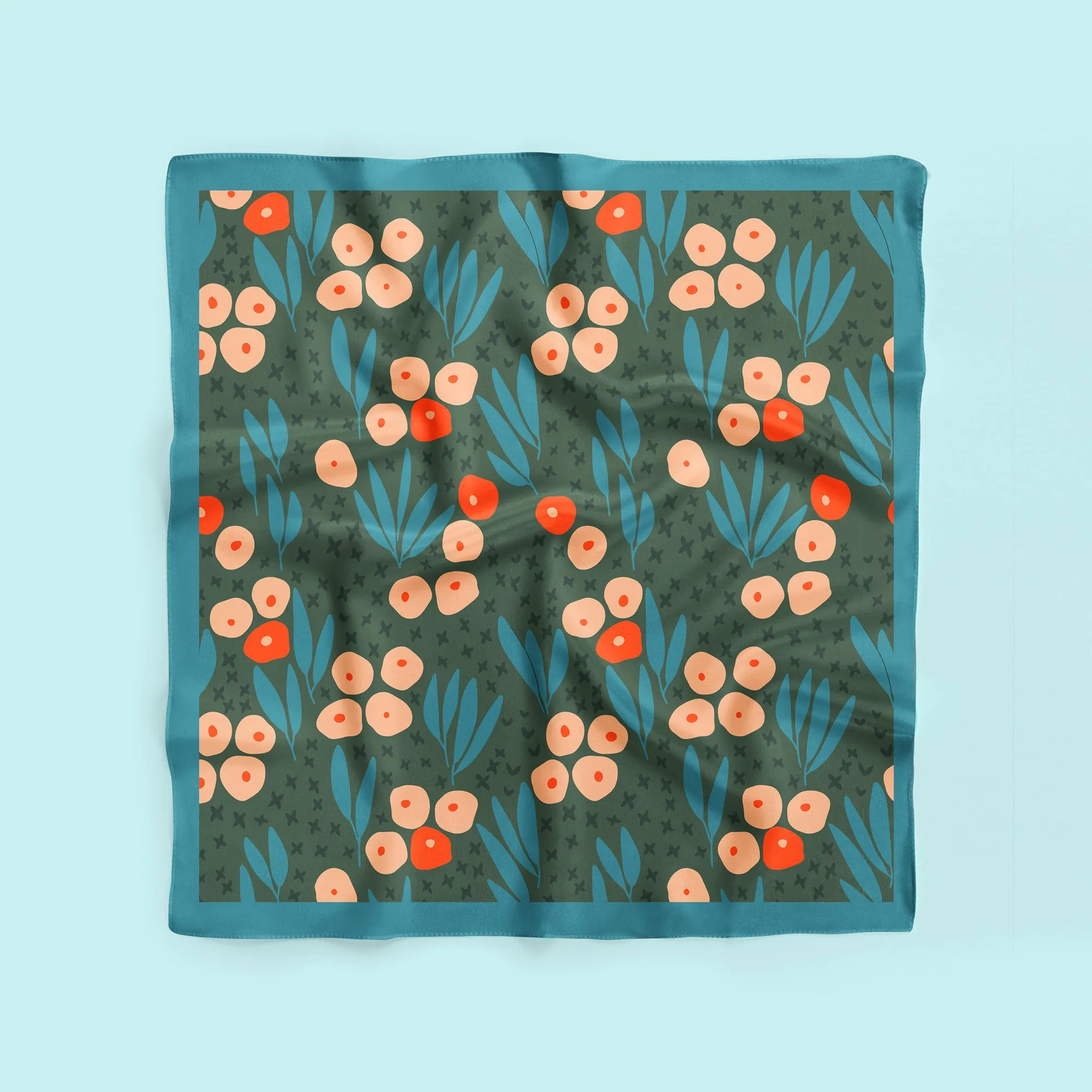 Scandi Garden square silk scarf in blue, green and orange