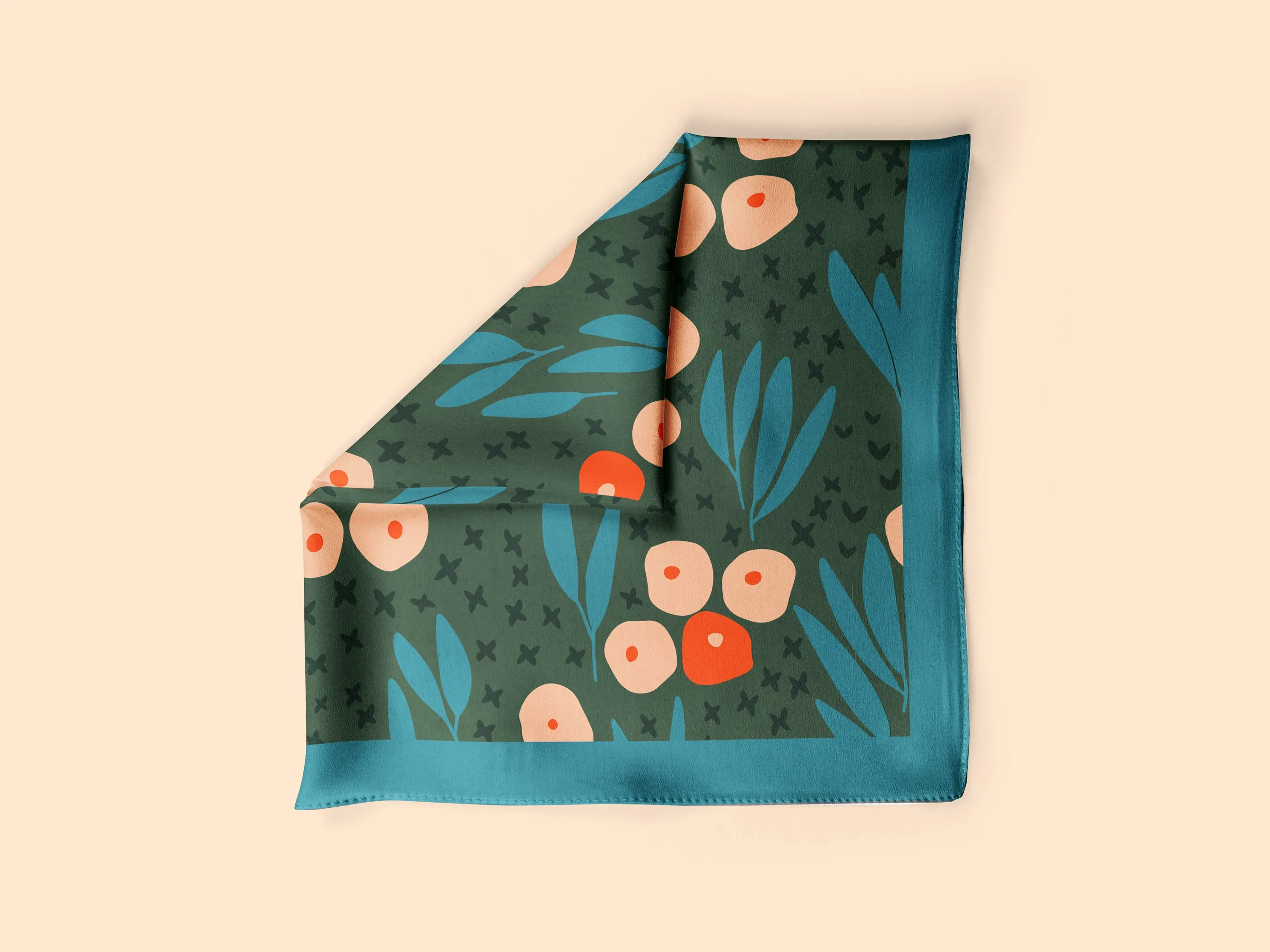 Scandi Garden square silk scarf in blue, green and orange