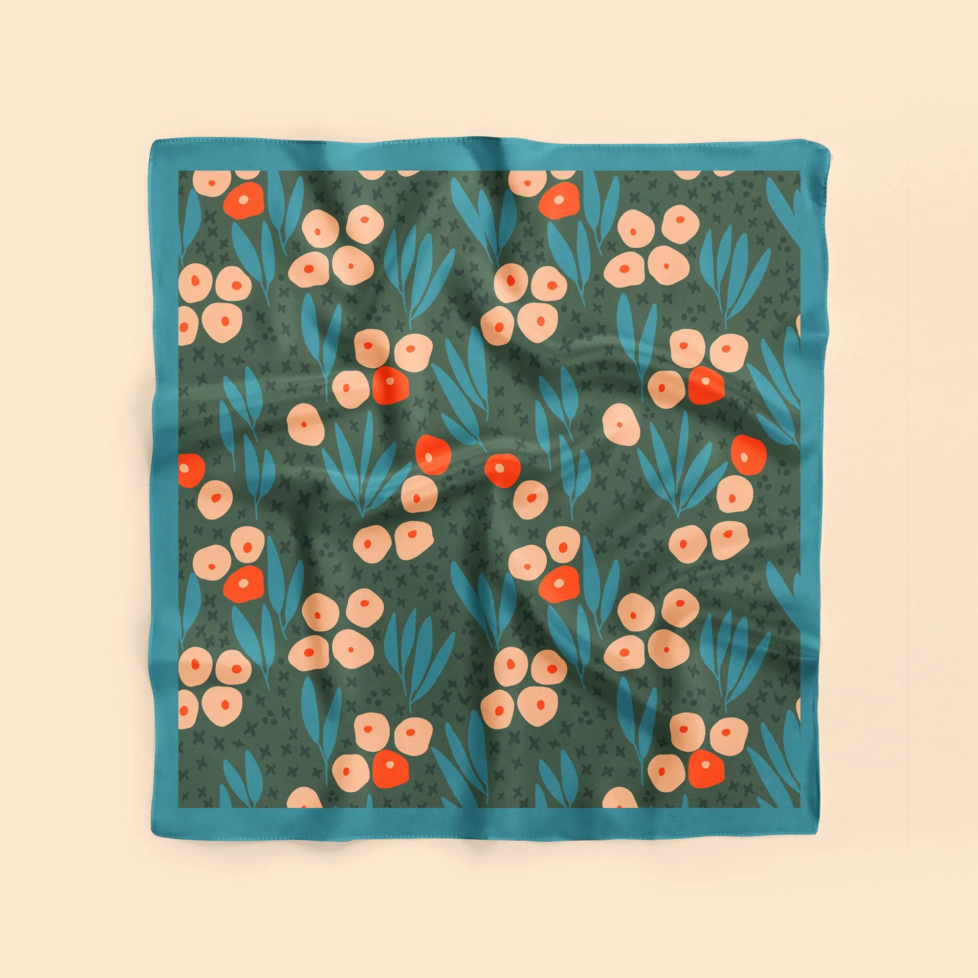 Scandi Garden square silk scarf in blue, green and orange