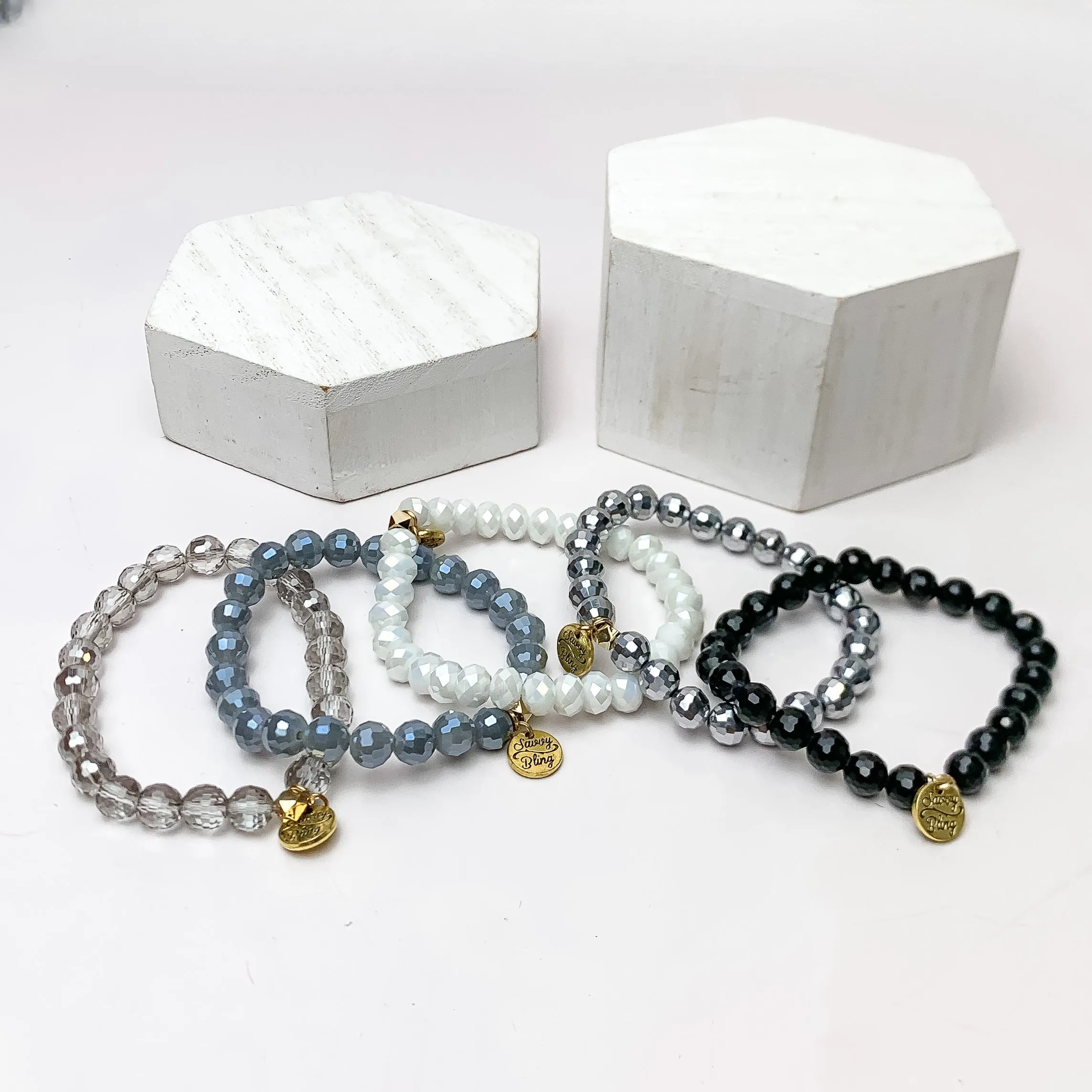 Set of Five | All Nighter Crystal Beaded Bracelet Set in Grey, Black, And White