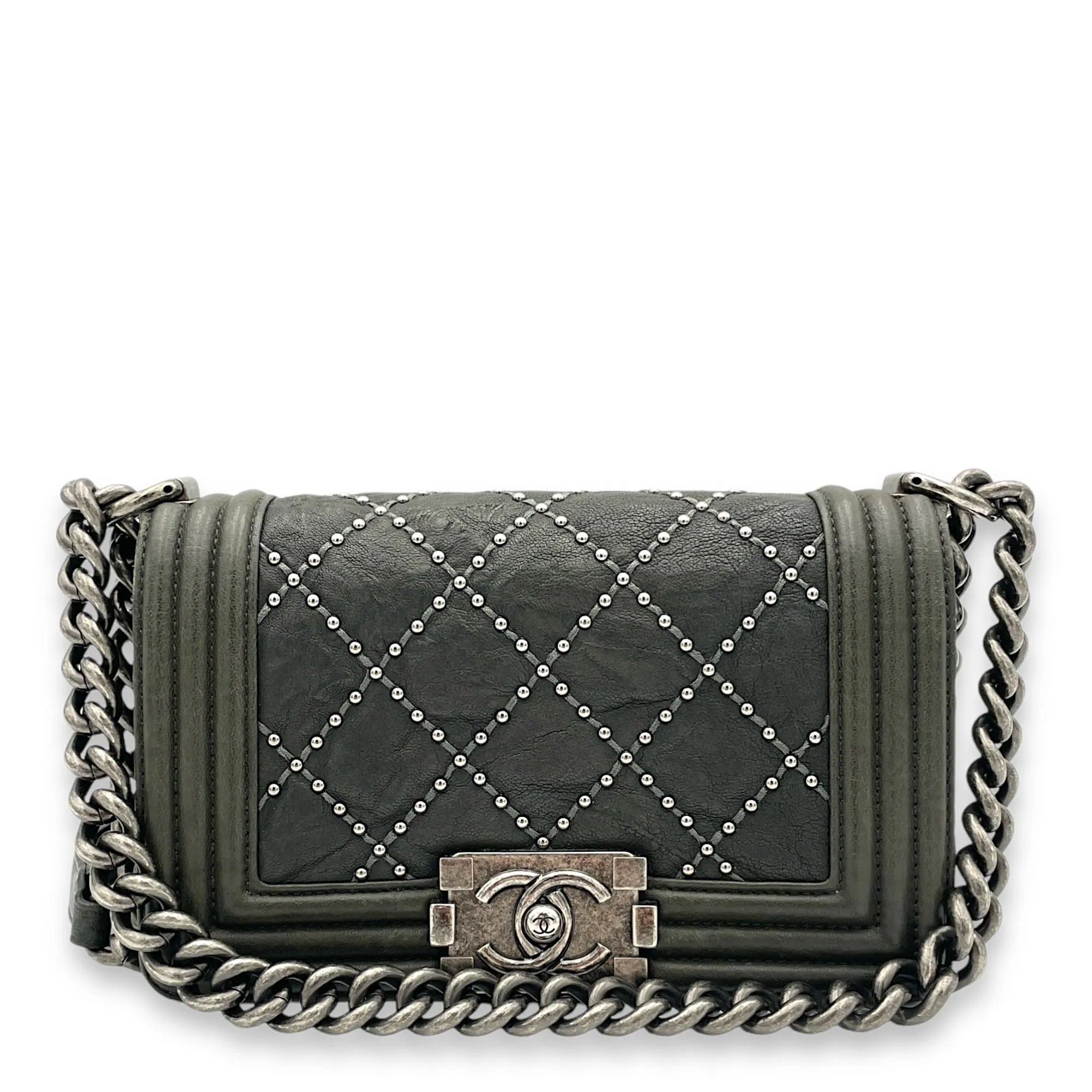 Studded Boy Small Grey Crossbody Bag in Calfskin, Ruthenium hardware