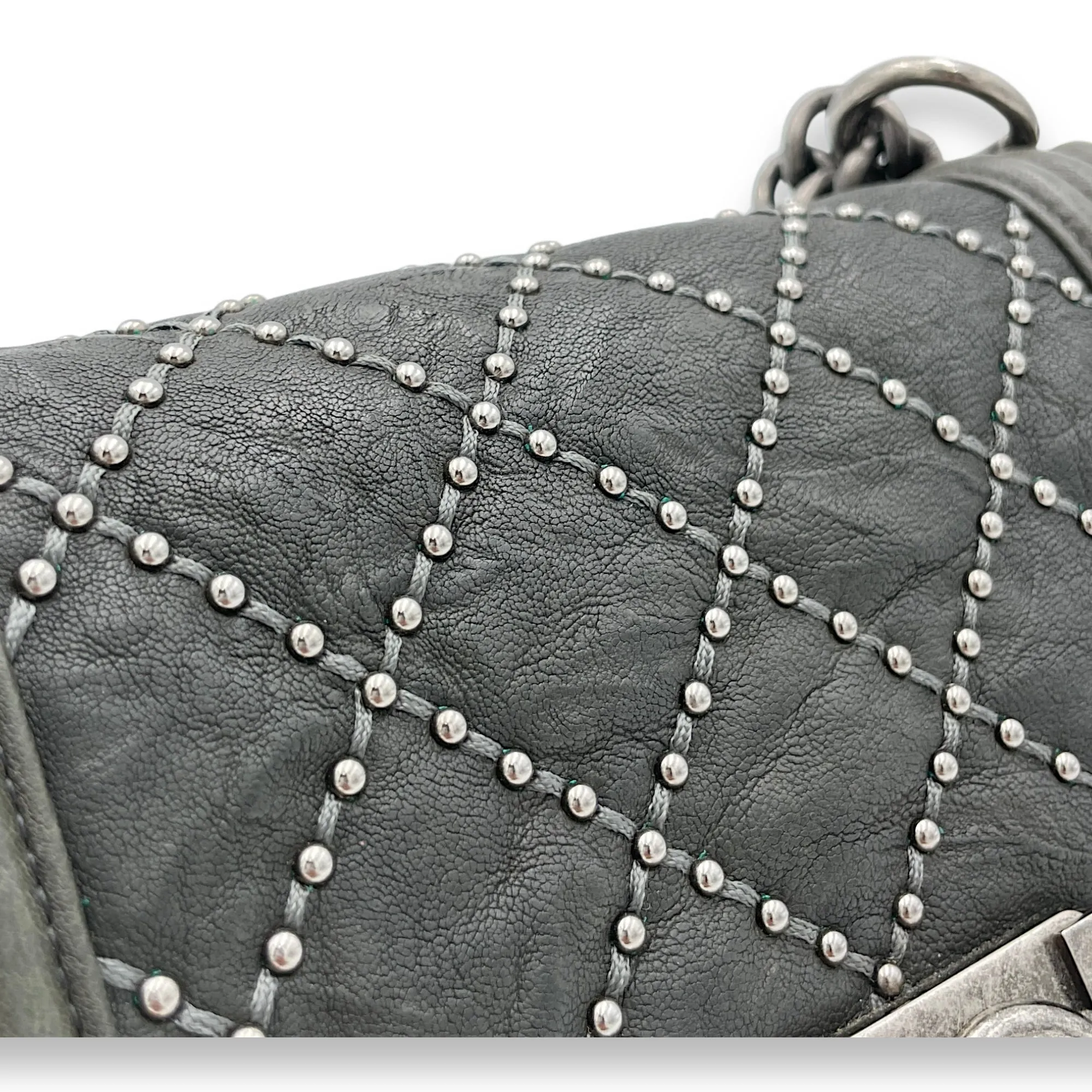 Studded Boy Small Grey Crossbody Bag in Calfskin, Ruthenium hardware