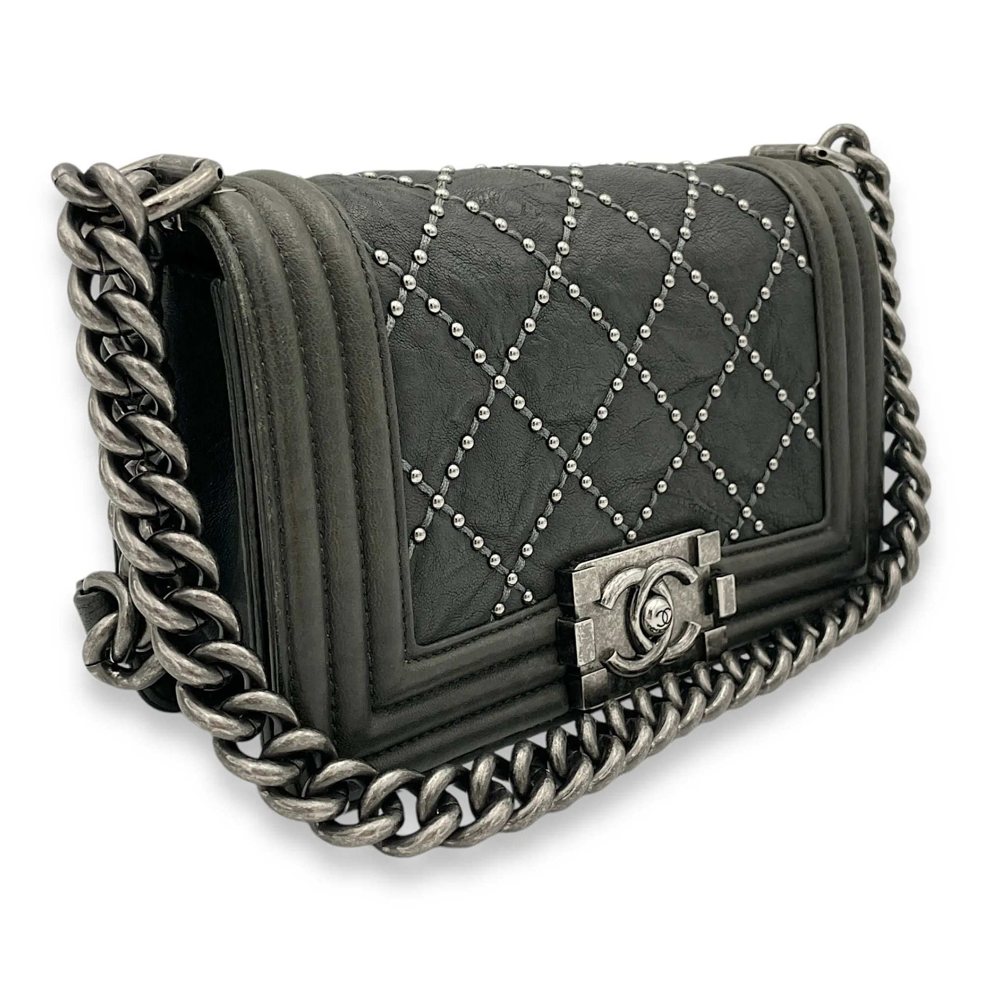 Studded Boy Small Grey Crossbody Bag in Calfskin, Ruthenium hardware