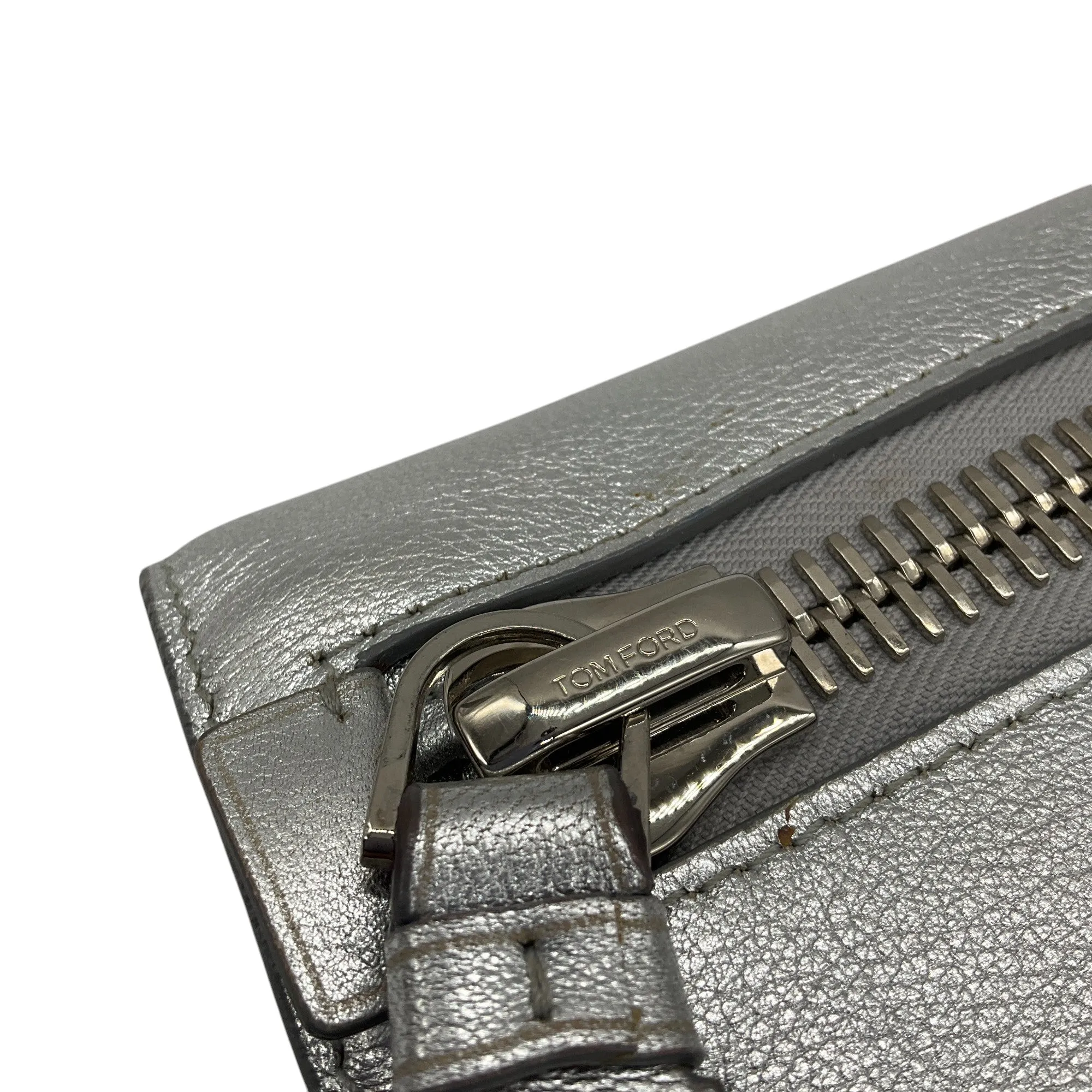 Tom Ford Silver Metallic Zipper Detail Jennifer Clutch Handbag