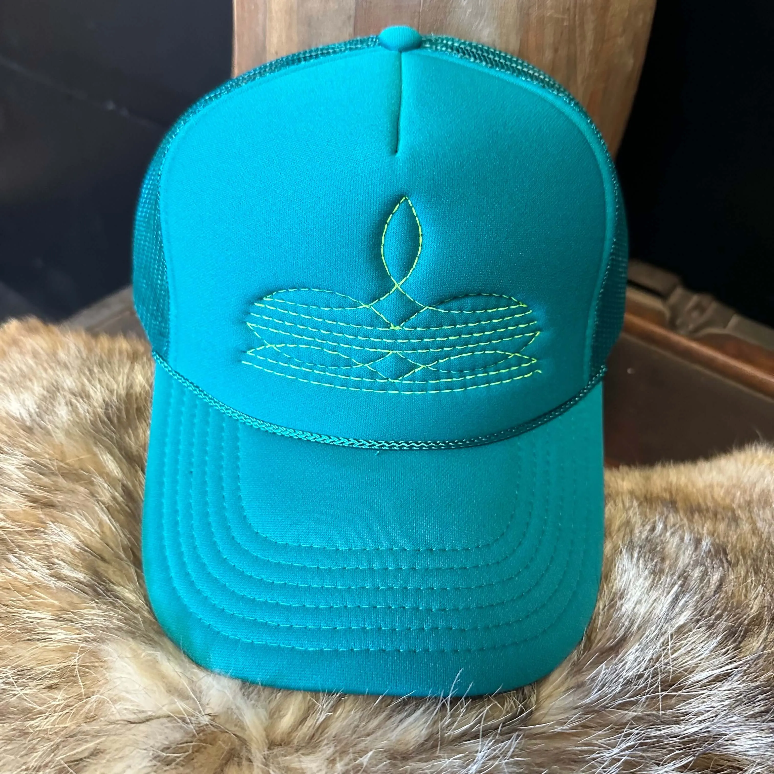 Yellow on Turquoise Boot Stitch Trucker Hat